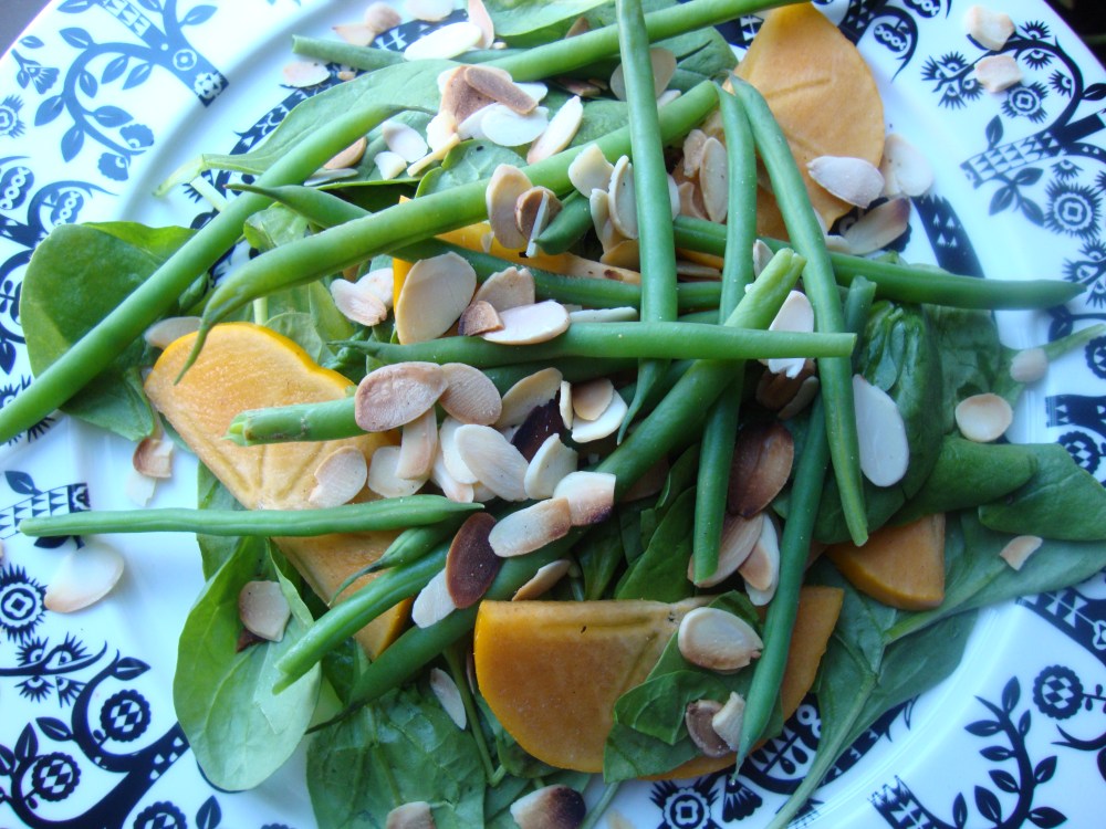 Spinach Salad with Fuyu Persimmons, Green Beans, Toasted Almonds and Spiced Vinaigrette