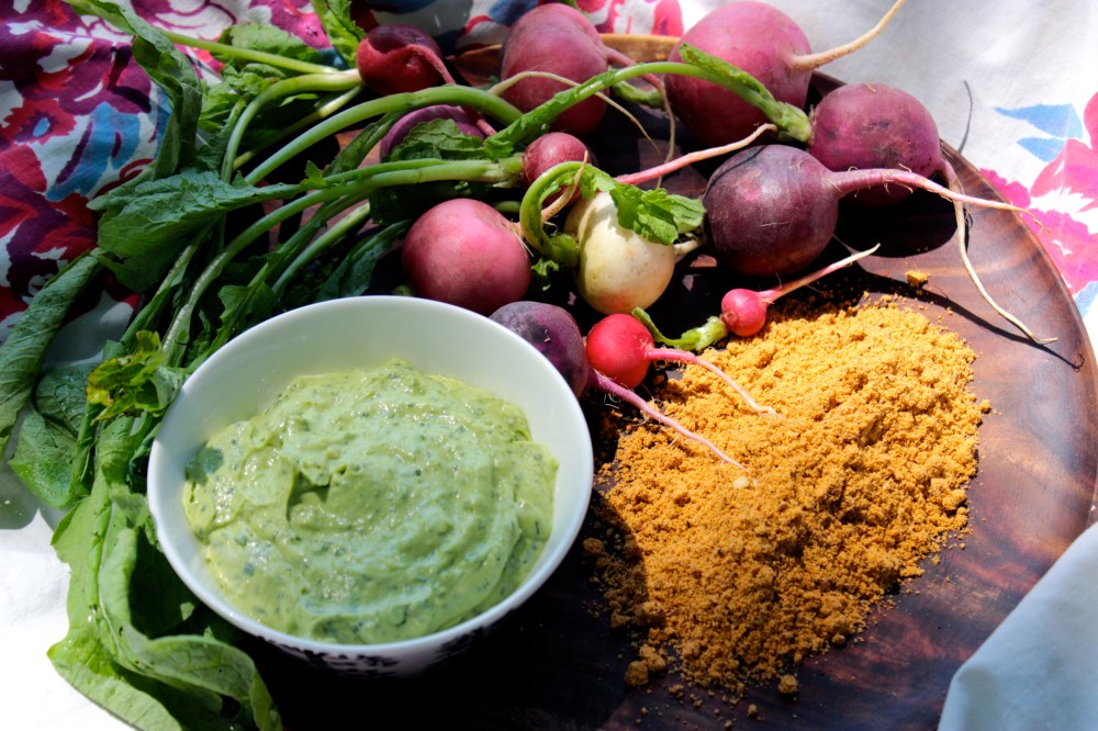 Radish Snack with Avocado Crema and Spicy Pepita Powder