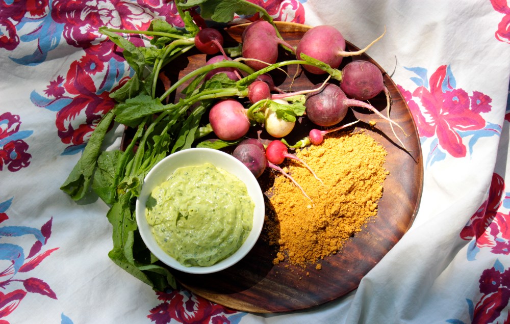 Radish Snack with Avocado Crema and Spicy Pepita Powder