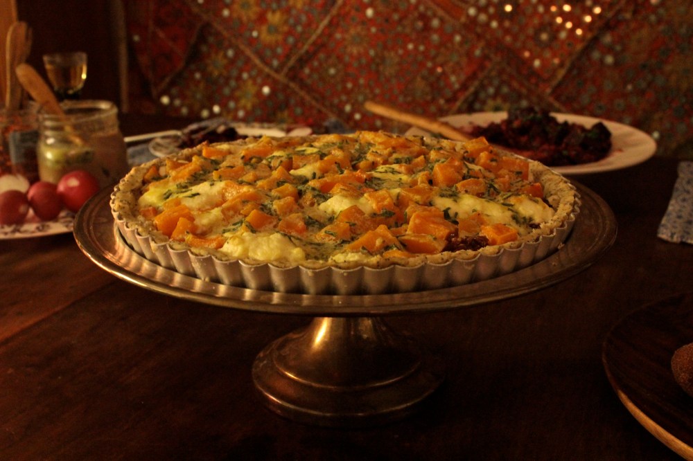 Goat Cheese and Autumn Vegetable Tart with a Gluten-Free Poppy Seed Crust