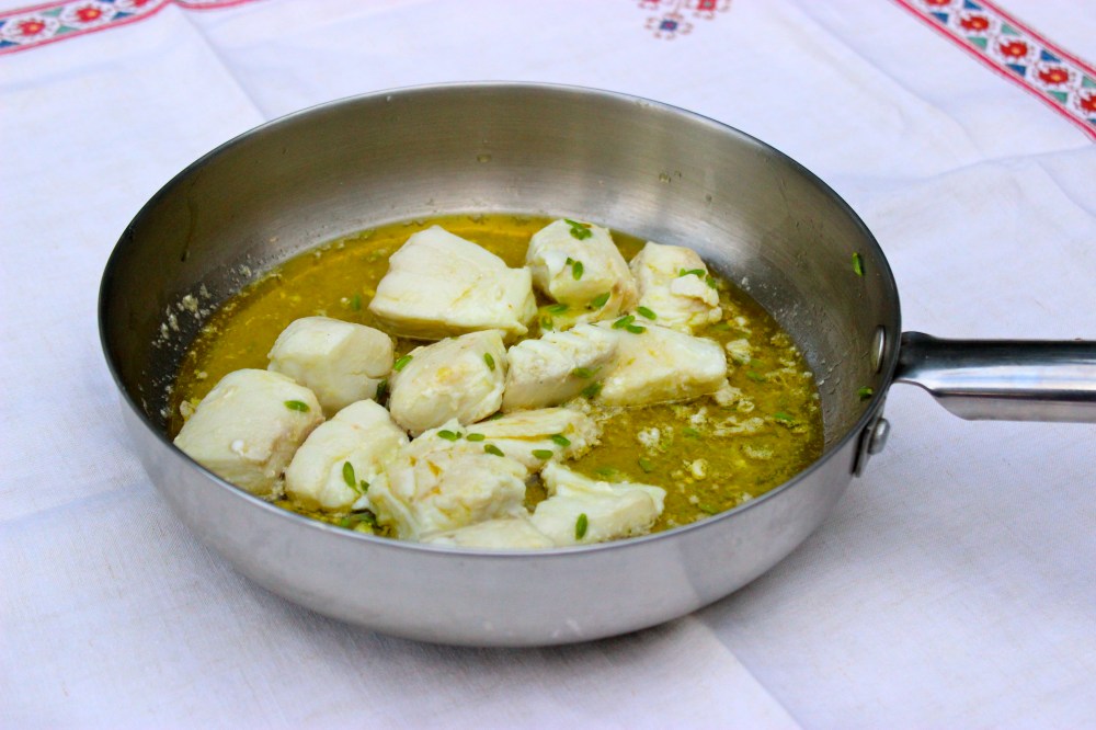 Oil poached Halibut with Green Fennel Seeds and Dry Apple Cider