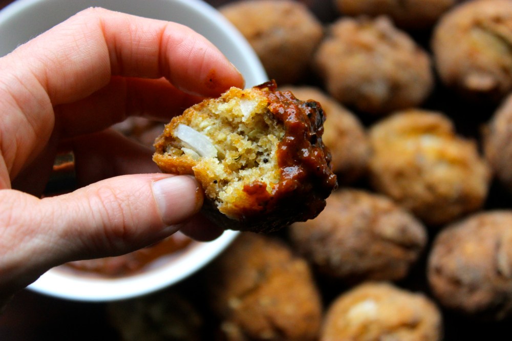 Crispy Seeded Amaranth and Onion Fritters with Charred Pepper and Tomato Sauce